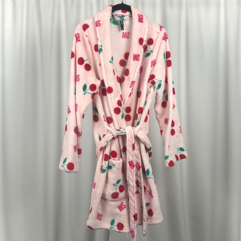 Steve Madden Cherry Print Plush Robe Pink Cozy Belted Lounge Robe L/XL